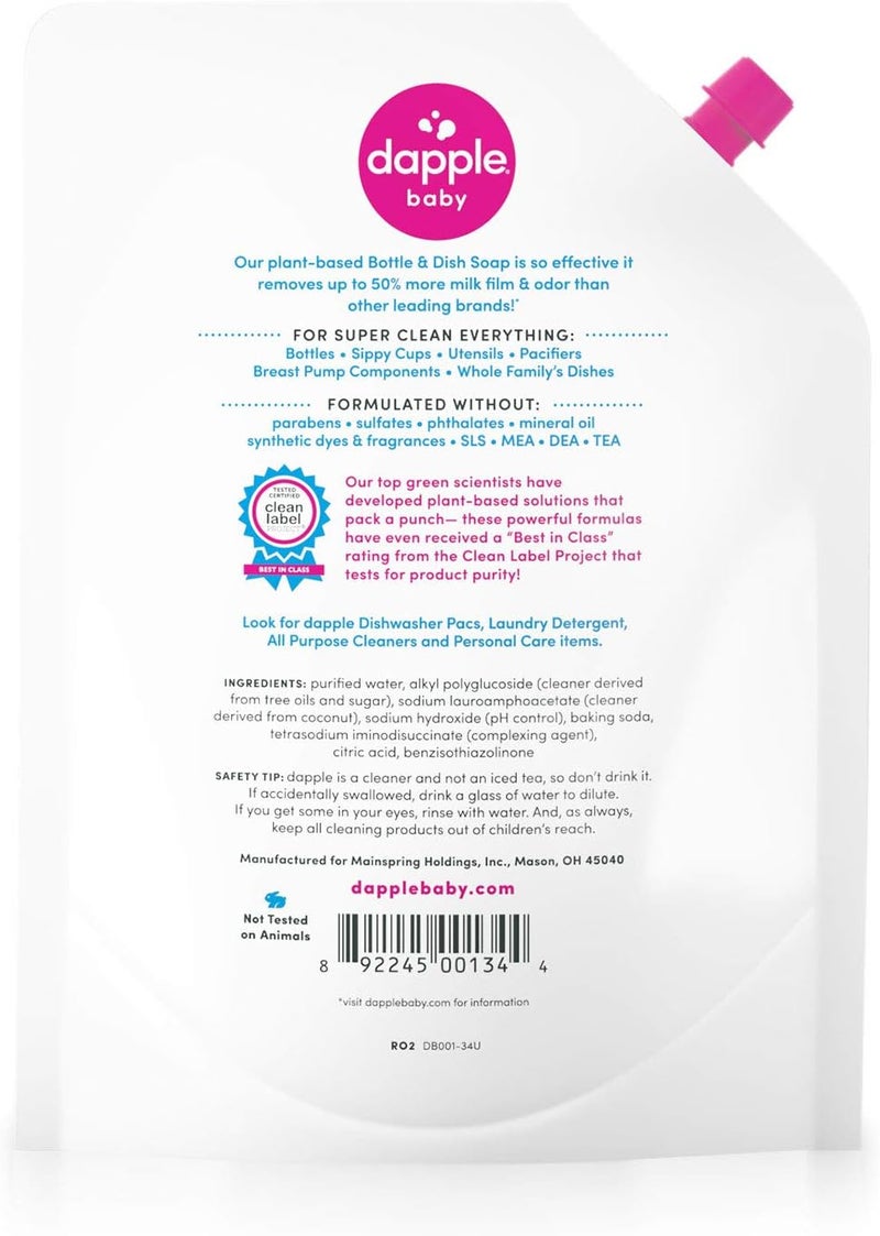 dapple Refill Pack Baby Bottle and Dish Liquid, Fragrance Free, 33.8 Fluid Ounce (Pack of 2) - Image 2